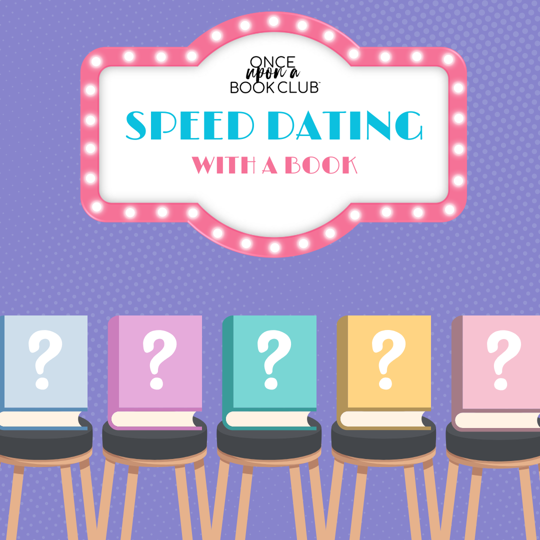 Illustration of a sign reading Once Upon a Book Club Speed Dating with a Book, with colorful books featuring question marks on stools below.