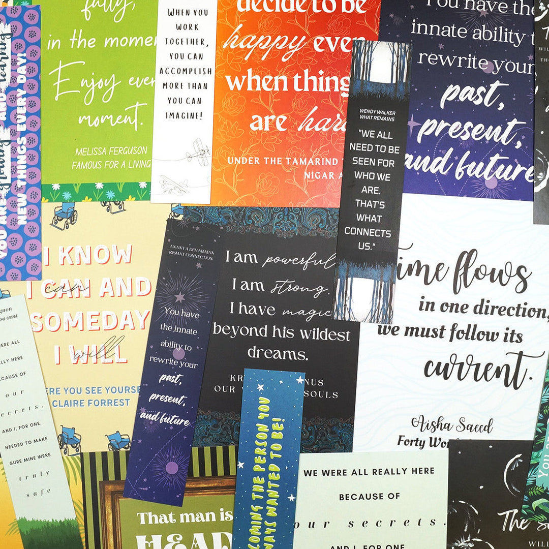 A colorful assortment of inspirational bookmarks and quote cards featuring motivational sayings and artistic designs on various themes.