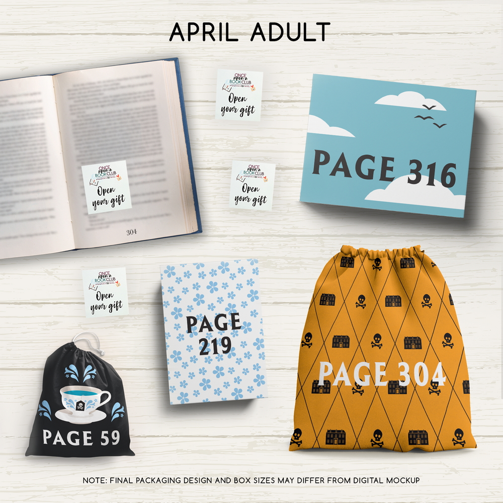 April Adult Once Upon a Book Club gifts are designed in aesthetic packaging colors and patterns to match the book cover/theme of the novel. Each gift is labeled with a page number, signifying when the gift is described within the story.