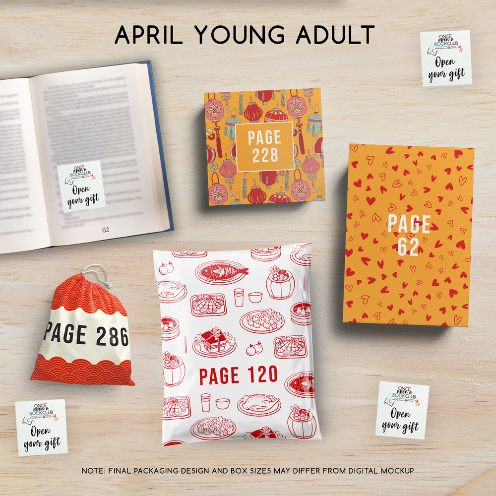 April Young Adult Once Upon a Book Club gifts are designed in aesthetic packaging colors and patterns to match the book cover/theme of the novel. Each gift is labeled with a page number, signifying when the gift is described within the story.