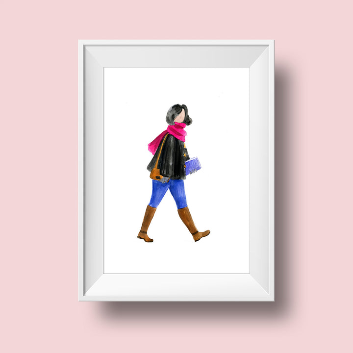 An illustration of a woman with a medium skin tone and chin length black hair. She wears a pink scarf, black jacket, grey gloves, jeans, and knee-height brown riding boots. She carries a brown shoulder bag on her shoulder and a book in her hand as she walks.