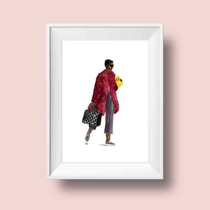 An illustration of a woman with a dark skin tone and short black hair. She wears black sunglasses, a long red coat, grey wide-legged pants, and black-and-white checkered shoes. She carries an oversized black-and-grey checkered bag in one hand and a bright yellow book in the other. She is posed to appear as though she is walking somewhere.