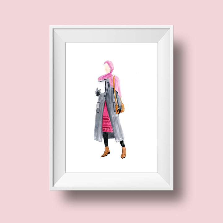An illustration of a woman with a light skin tone and a pink headcovering scarf that falls over her shoulders. She wears a grey jacket and pink dress peeking from beneath it, black gloves, black tights, brown booties, and carries a brown shoulder bag. She is carrying a book with the cover folded over so she can read with one hand.