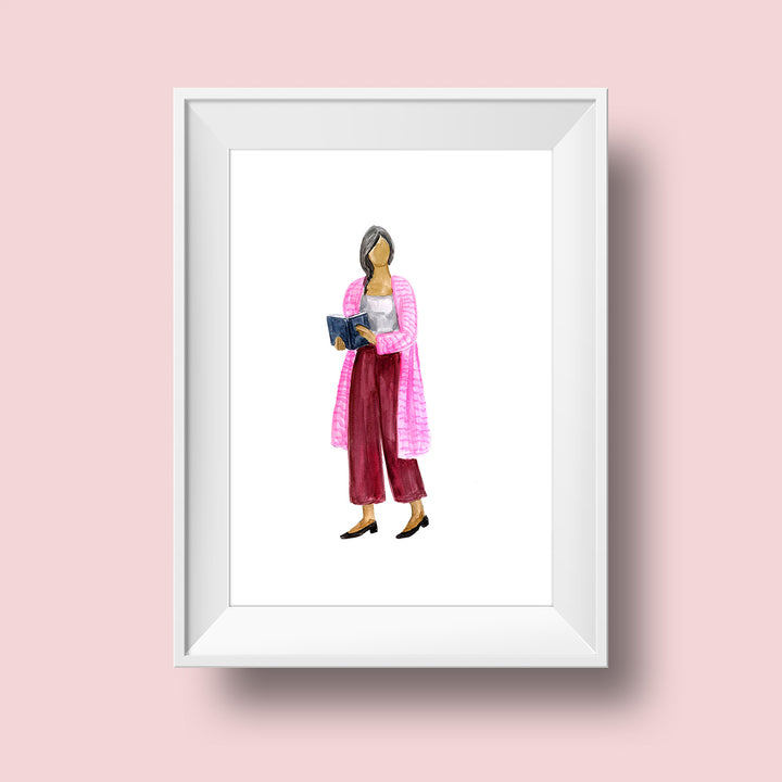 An illustration of a woman with a medium skin tone and dark hair braided over her right shoulder. She wears a pink housecoat, white top, red wide-legged pants, and small black heels. She is holding an open book in front of her as if reading on her way somewhere.