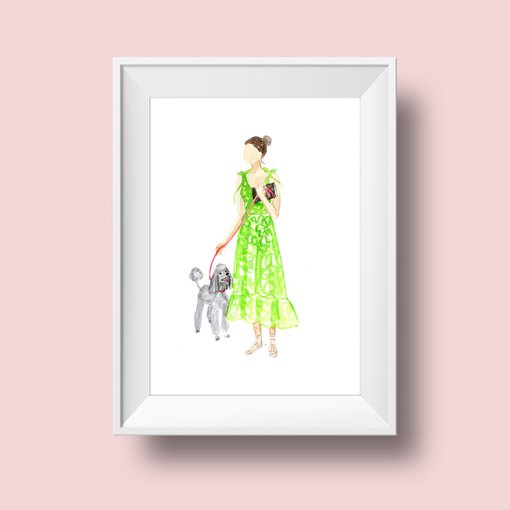 An illustration of a woman with a light skin tone and brown hair pulled into a bun. She wears a green calf-length, floral sundress, white sandals, and holds the leash of a grey poodle. She is also holding a closed book against her chest.