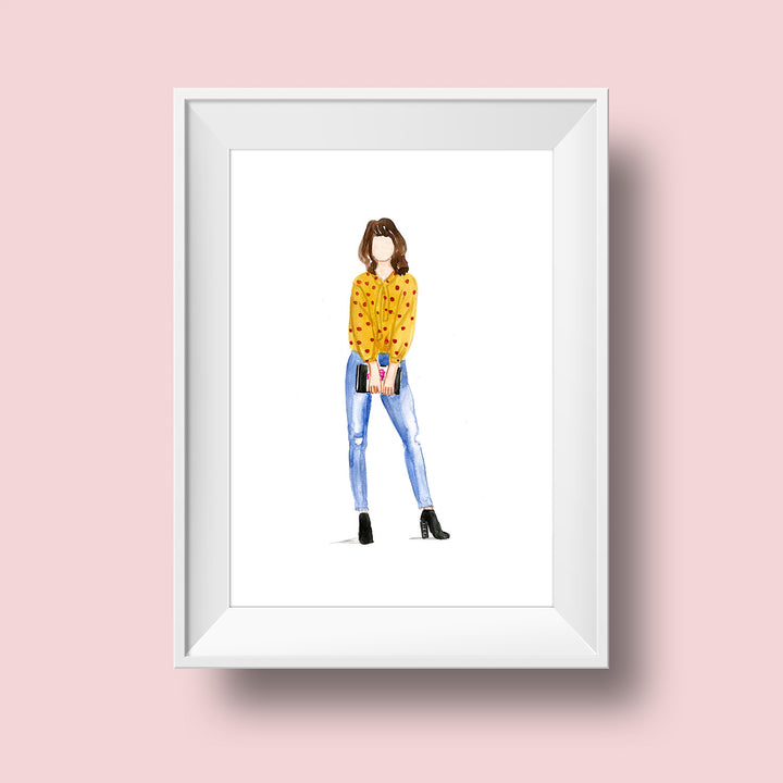 An illustration of a woman with a light skin tone and shoulder length brown hair and bangs. She wears a yellow top with red polka-dots, frayed jeans, and black heeled booties. She clutches a book between her hands as she poses.