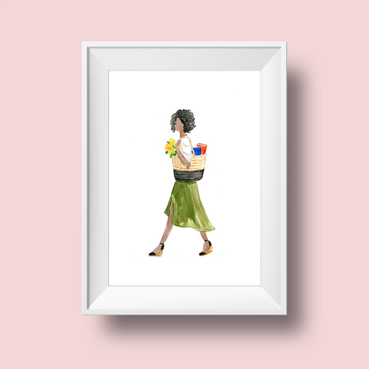 An illustration of a woman with a dark skin tone and black curly chin-length hair. She wears a short-sleeved white top, knee-length green skirt, and wedges. She carries a woven purse containing flowers and two books. She looks to be walking somewhere.