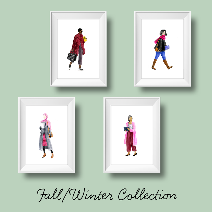 A set of 4 art prints each featuring women of various races wearing different kinds of Fall/Winter outfits, doing different tasks, while holding and/or reading books.