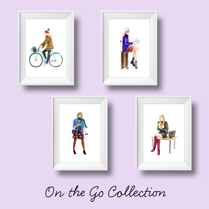 A set of 4 art prints each featuring women of various races wearing different kinds of outfits, doing different tasks on the go, while holding and/or reading books.