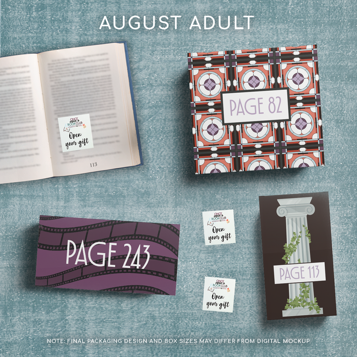 August Adult Once Upon a Book Club gifts are designed in aesthetic packaging colors and patterns to match the book cover/theme of the novel. Each gift is labeled with a page number, signifying when the gift is described within the story.