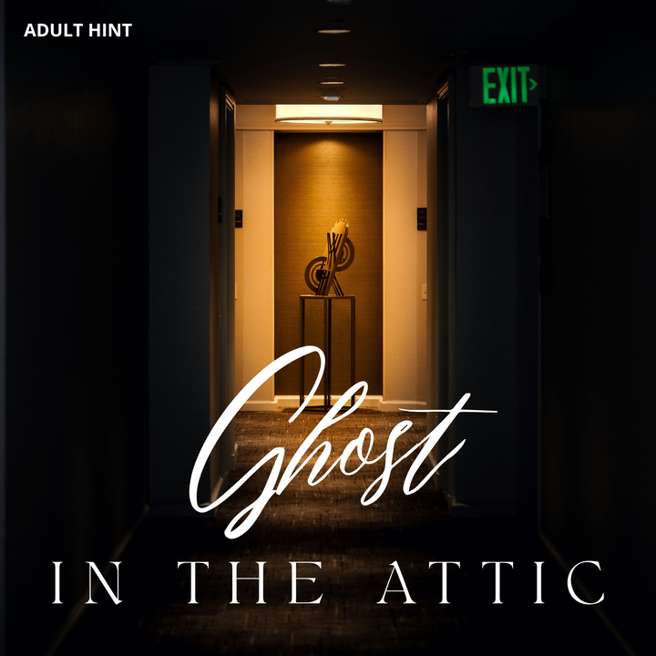 Adult Hint - Ghost in the Attic. Image of a hallway with an overhead light on at the end showing a table with an abstract sculpture on it.