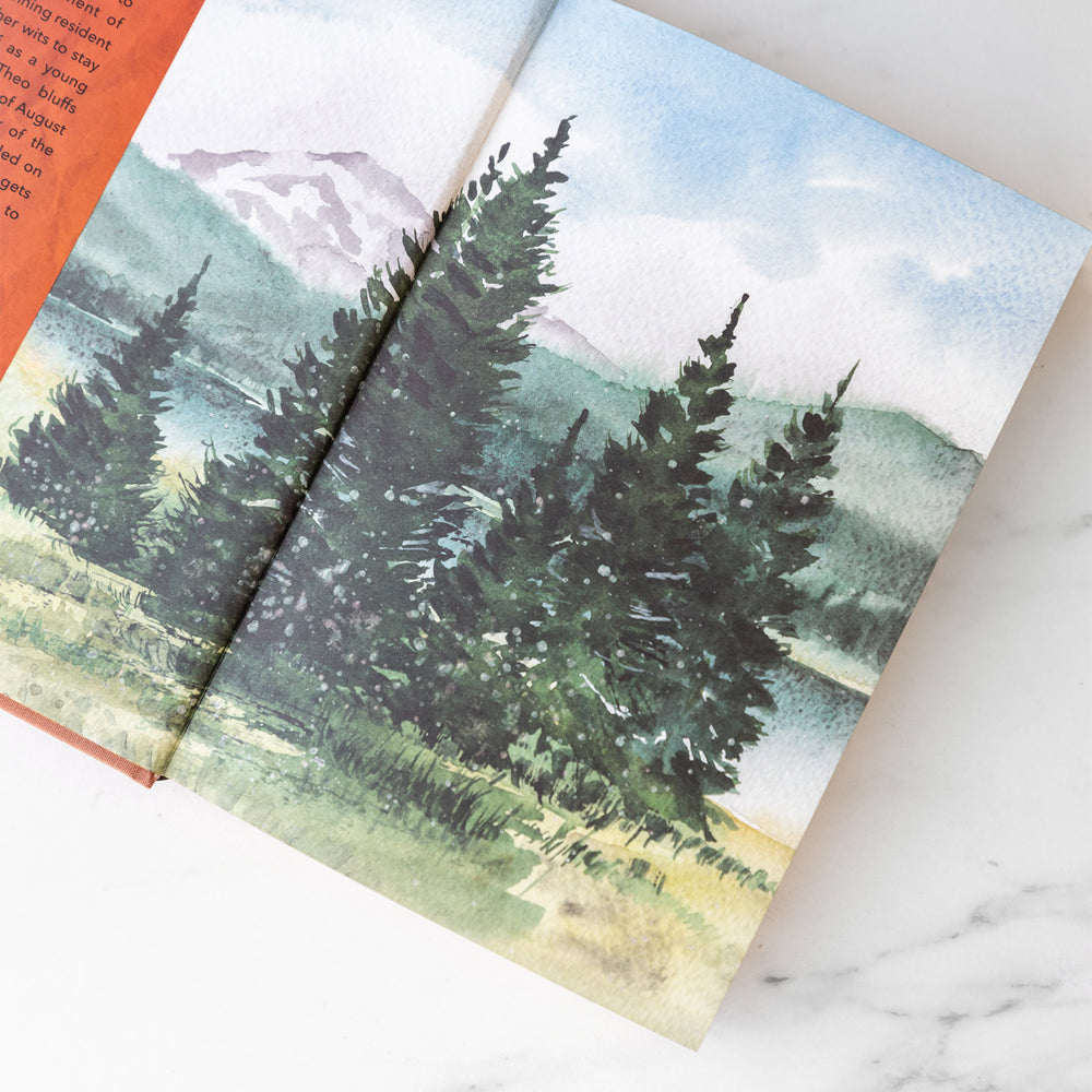 the endpapers of the Once Upon a Book Club exclusive edition of Bladestay by Jackie Johnson featuring lush pines and mountains.
