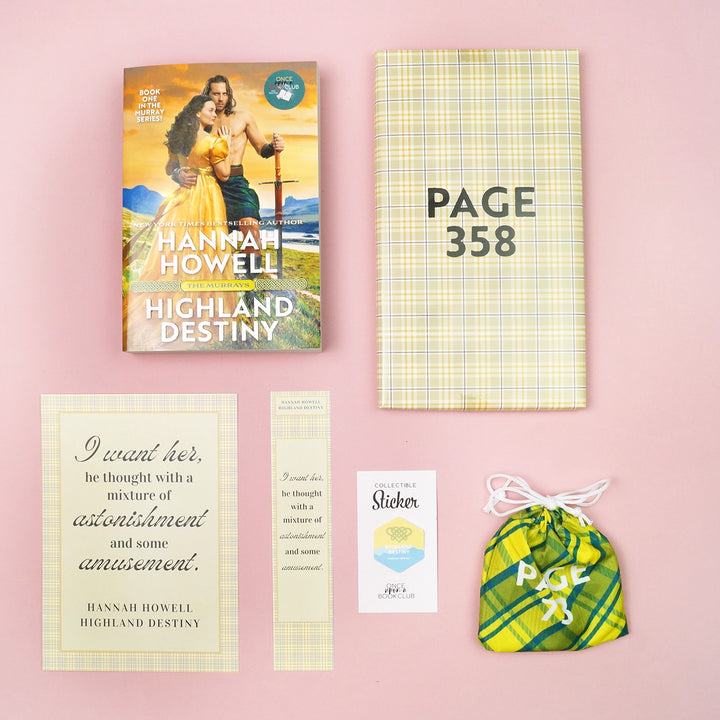 Flatlay of Highland Destiny book, yellow plaid gifts for Pages 358 and 73, and matching accessories.