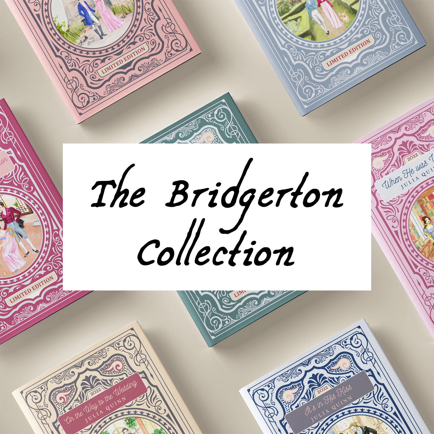"The Bridgerton Collection" is centered over a background of hardcover Bridgerton special editions