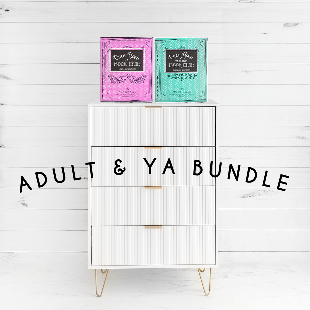 1 pink and 1 green Once Upon a Book Club box sit on top of a white chest of drawers. The words "Adult and YA Bundle" are written across the middle of the image.