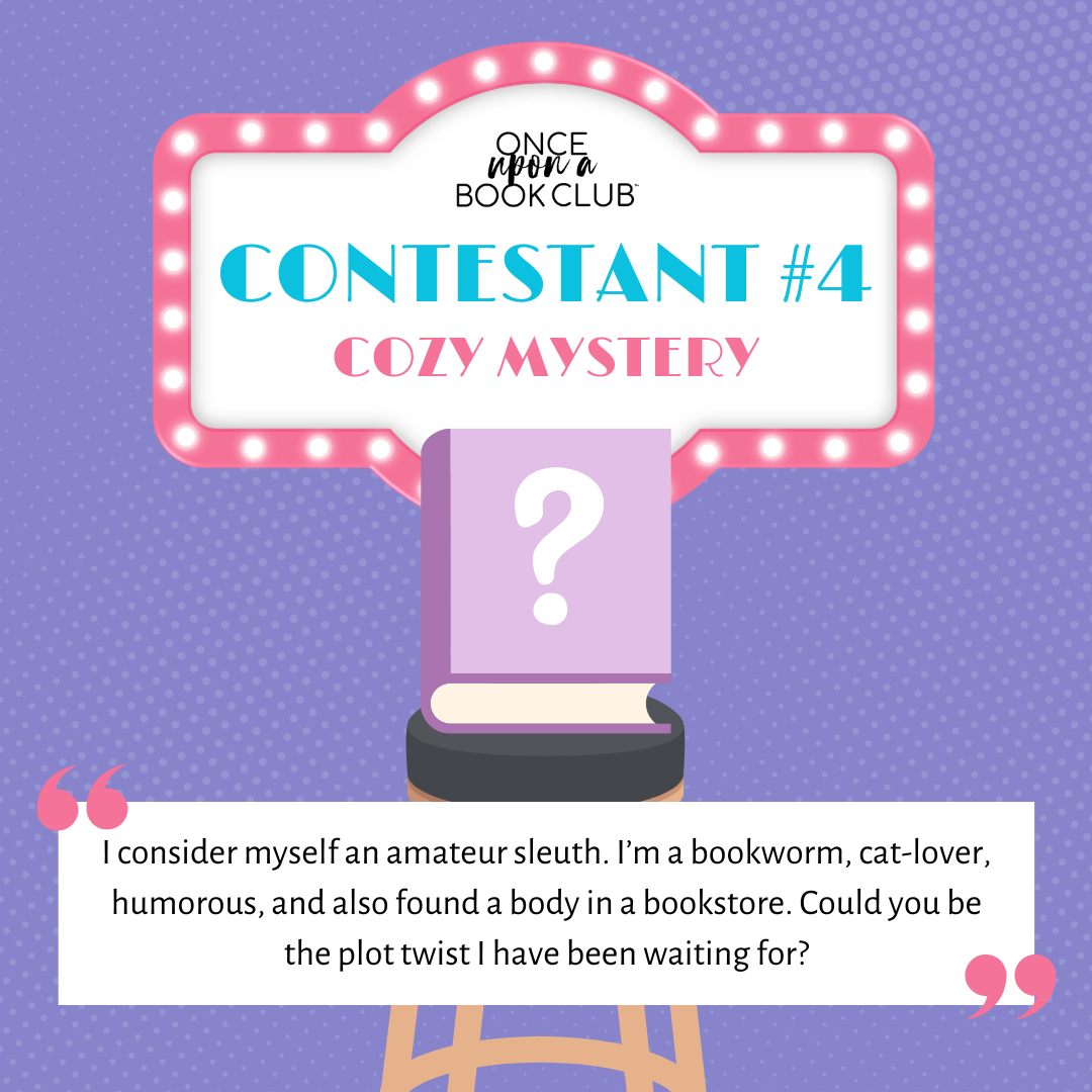 Cartoon book with question mark on the cover sits on the a stool. Text above reads: Contestant #4, Cozy Mystery. Text box below in quotes says a bit about the book as found in item description.