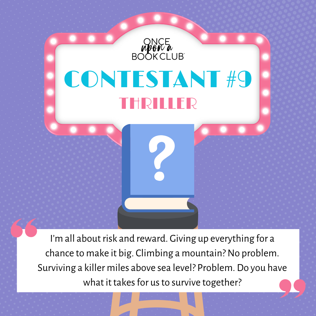 Contestant #9 thriller-themed graphic with a question-marked book and text about risk and survival.