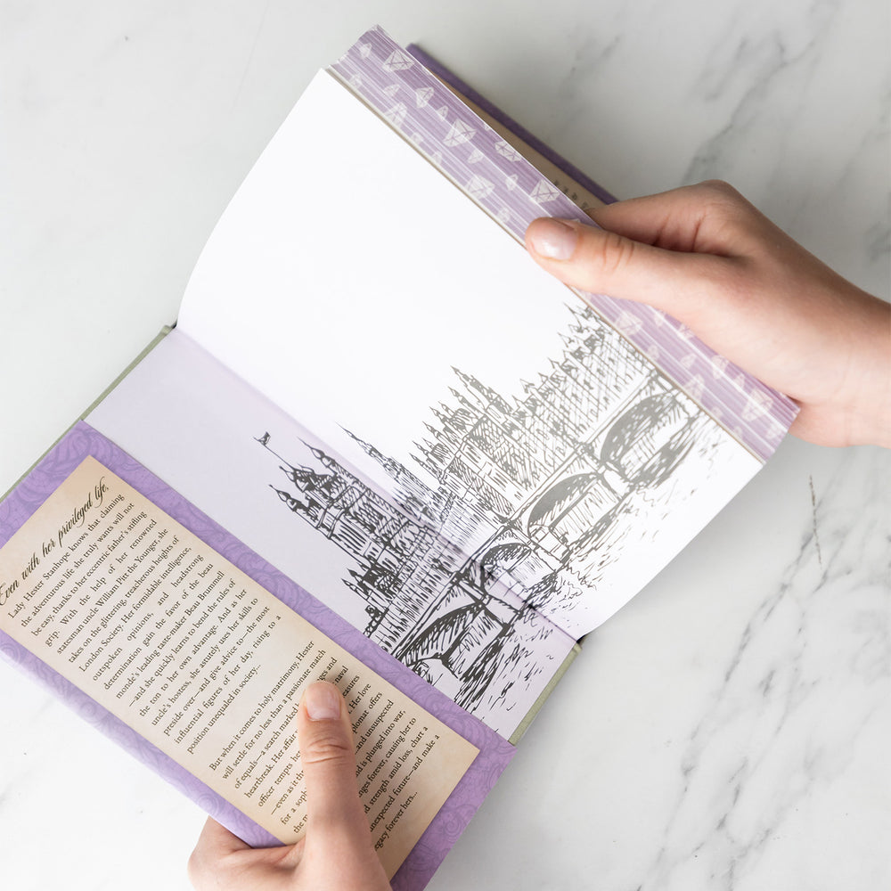 A close up of the end papers of the Once Upon a Book Club exclusive edition of The Diamond of London by Andrea Penrose. The end papers show a sketched version of London.