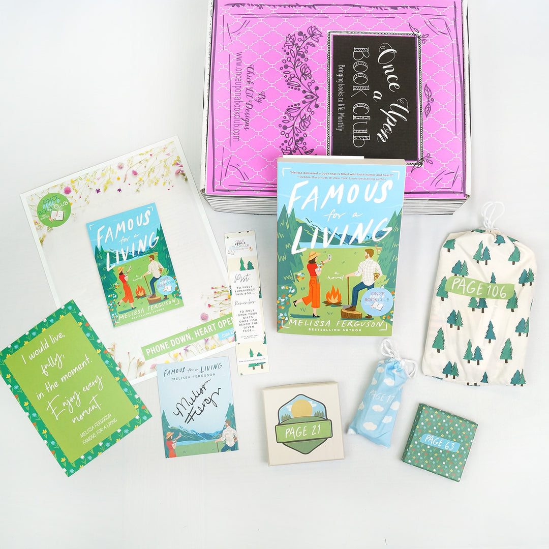 A paperback edition of Famous for a Living lays against a pink box. From left to right there are: a quote card, bookclub kit, signature card, bookmark, 2 square boxes, and 2 drawstring bags. The boxes and bags all have page numbers.