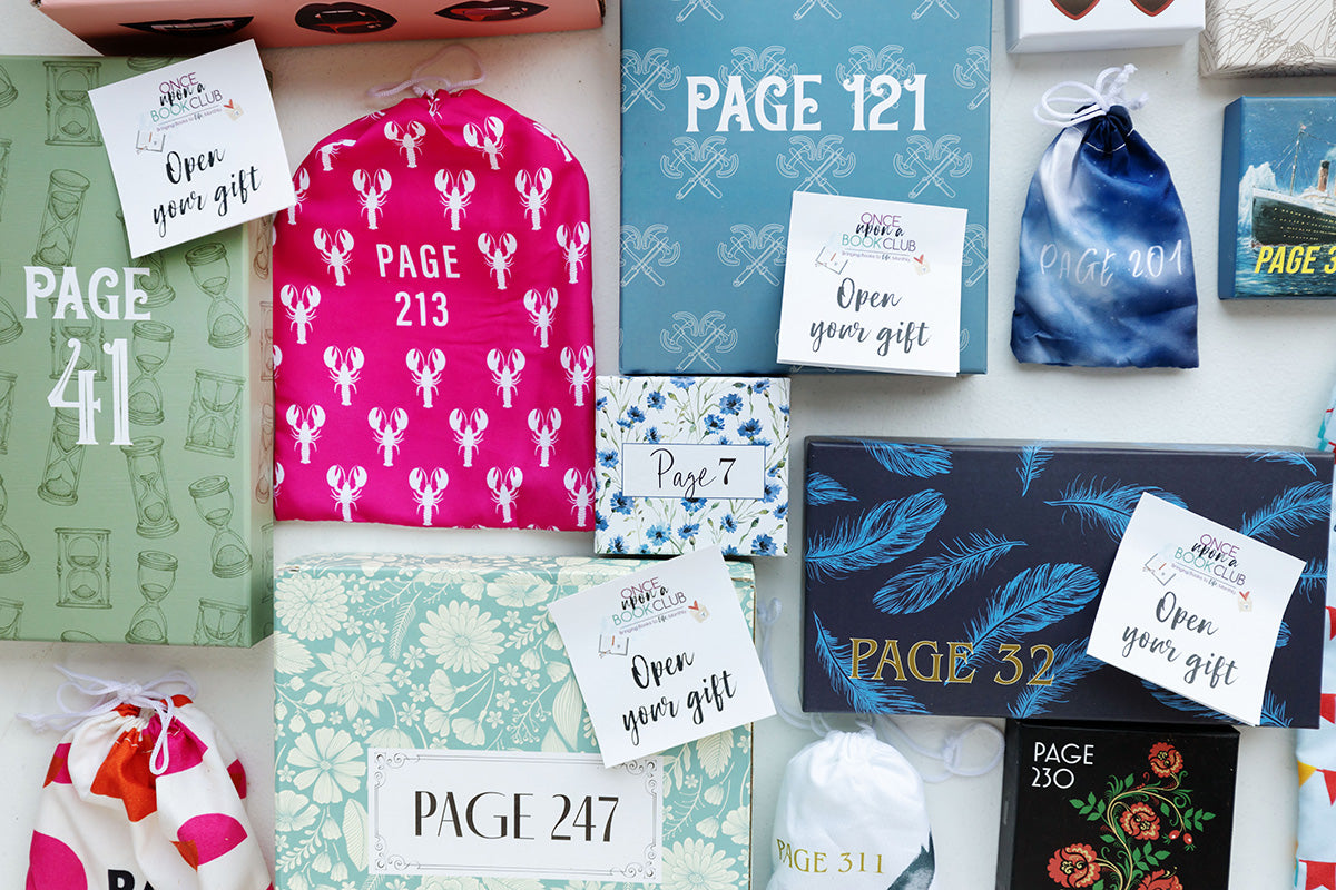 Colorful book-themed gift packages labeled with page numbers and