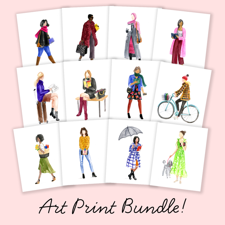 A set of 12 art prints each featuring women of various races wearing different kinds of outfits, doing different tasks, while holding and/or reading books.