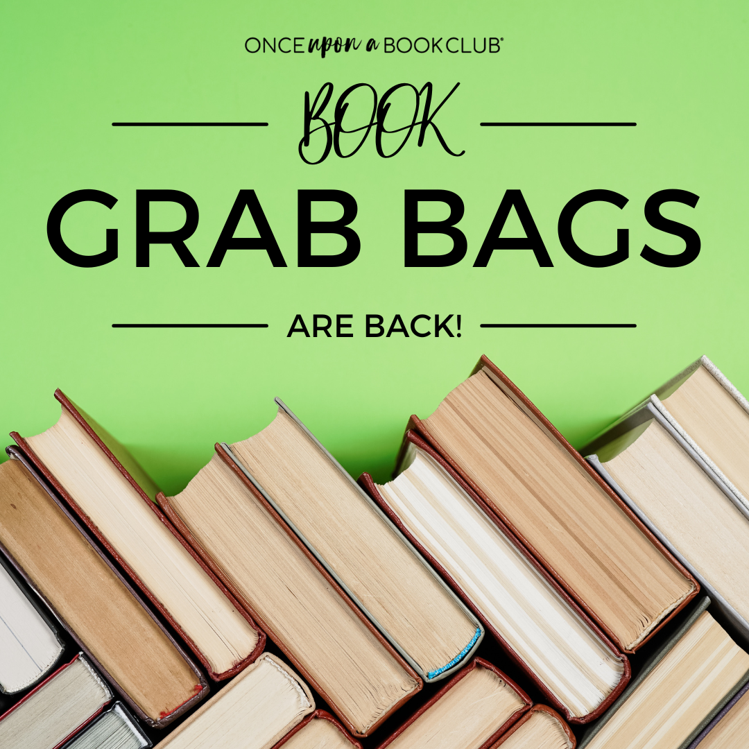 a lime green background and books lay with their pages facing the camera. Book Grab Bags are Back is written in black font across the top of the image.