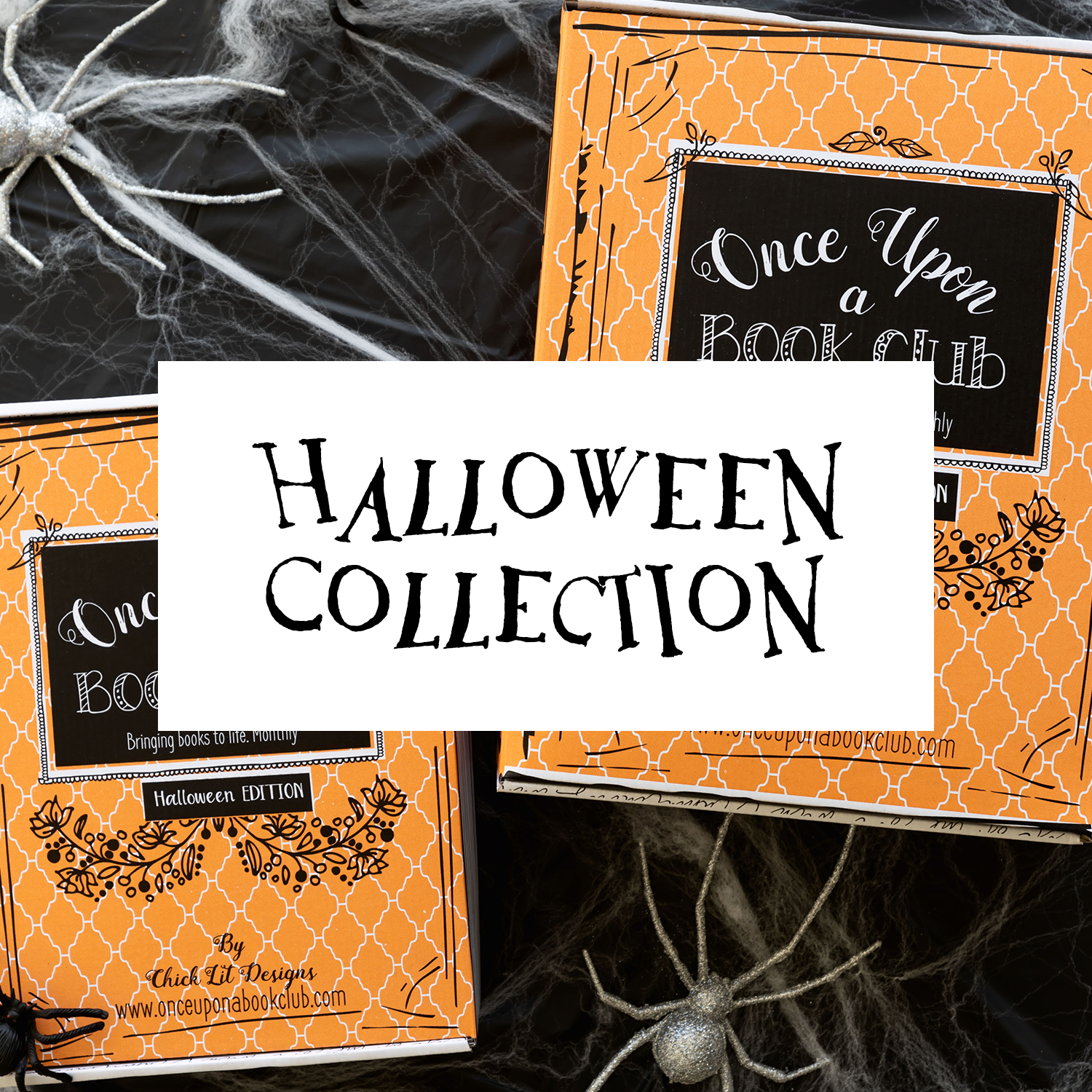 "Halloween Collection" is centered over a background of orange boxes and fake spiders