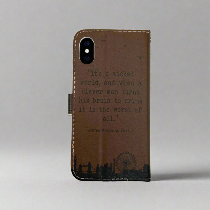 The back cover of a book-shaped phone case inspired by The Adventures of Sherlock Holmes by Sir Arthur Conan Doyle.