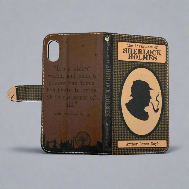 Sherlock Holmes phone case featuring a silhouette design, a London skyline, and a quote on the back.