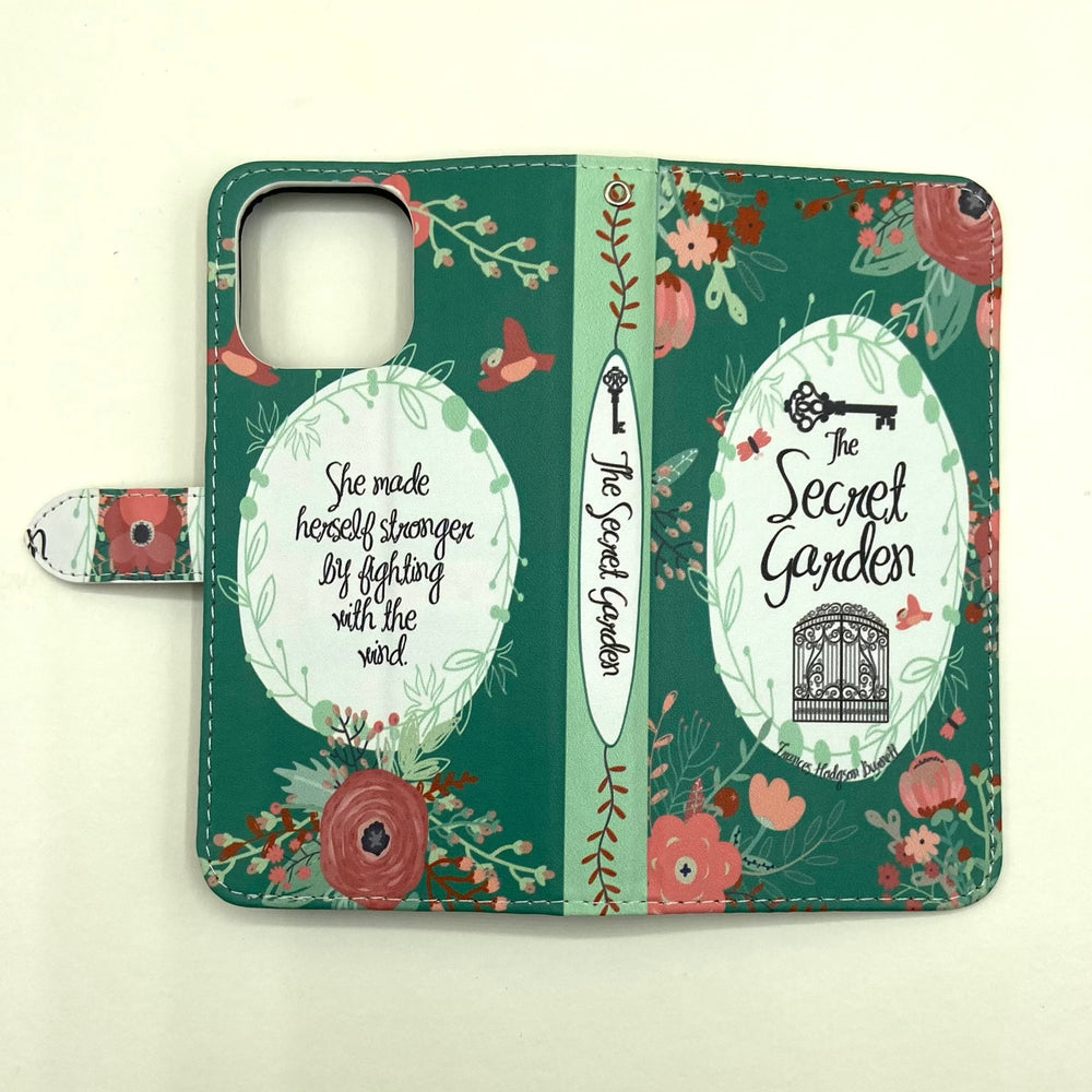Secret Garden phone case with floral design, key illustration, and an inspiring quote on the back.