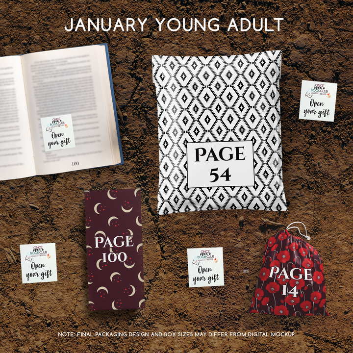 January Young Adult Once Upon a Book Club gifts labeled by pages with patterned packaging designs.