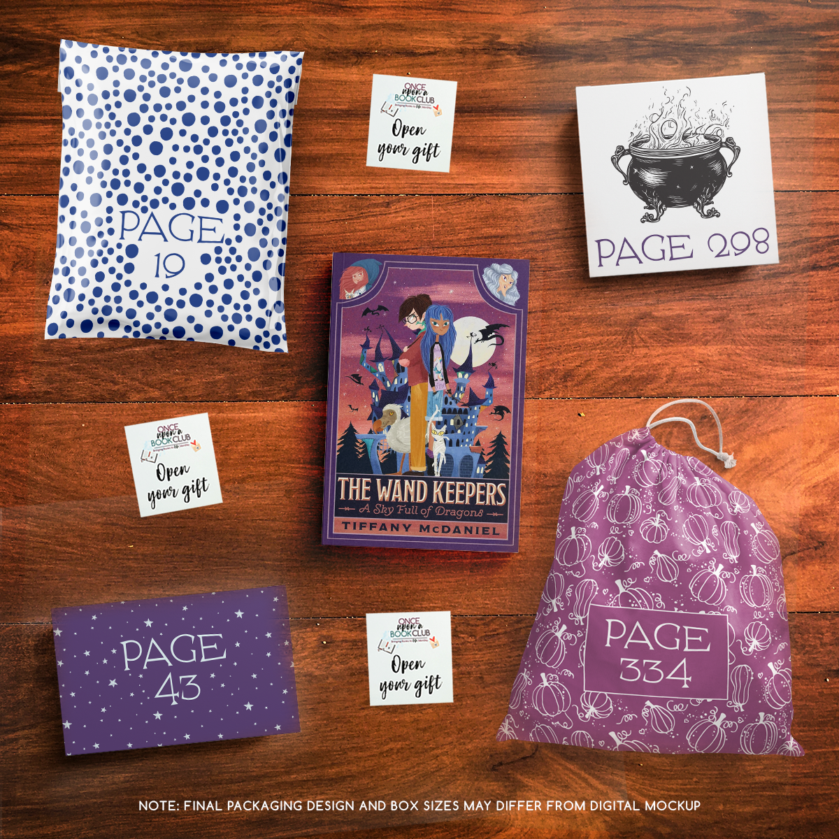 July Tween Book Club mockup with page-numbered gifts and vibrant, themed packaging designs.