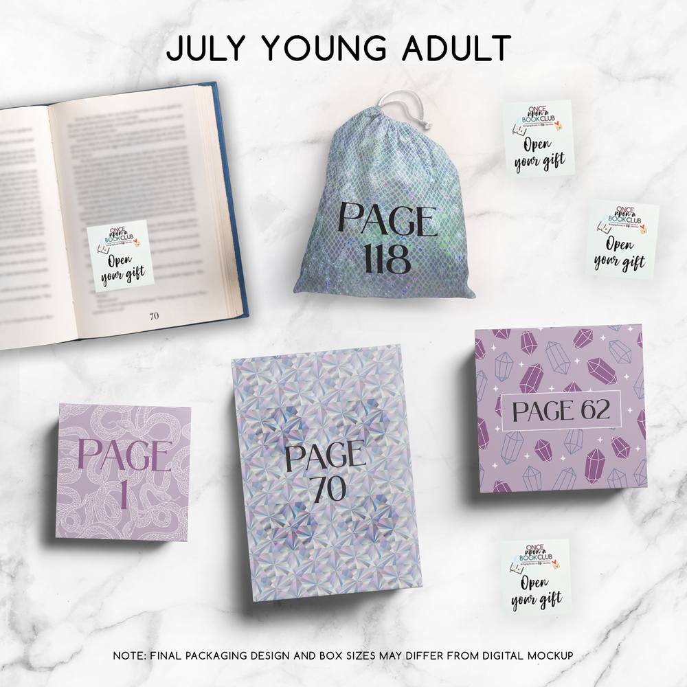 July Young Adult Once Upon a Book Club gifts are designed in aesthetic packaging colors and patterns to match the book cover/theme of the novel. Each gift is labeled with a page number, signifying when the gift is described within the story.