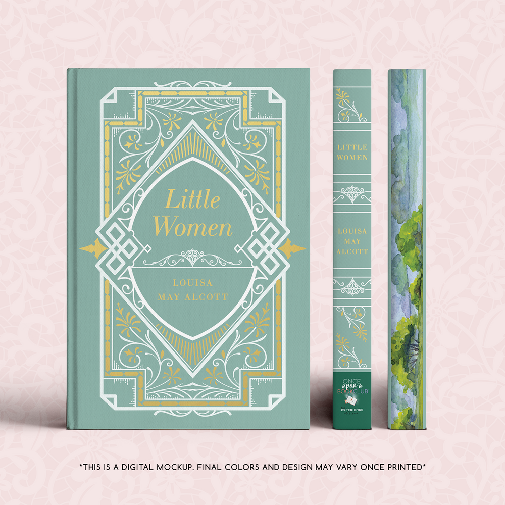 A mockup of the Once Upon a Book Club Little Women book including the dust jacket, spine, and page edge design.