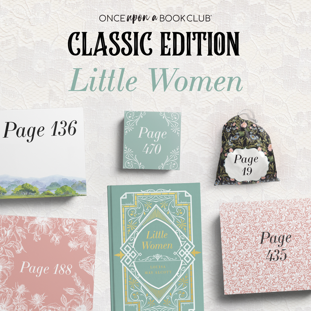 Once Upon a Book Club Classic Edition, Little Women showing the custom book cover and wrapped gifts labeled with page numbers.