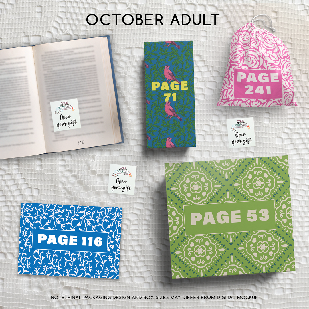 October Adult Once Upon a Book Club gifts are designed in aesthetic packaging colors and patterns to match the book cover/theme of the novel. Each gift is labeled with a page number, signifying when the gift is described within the story.