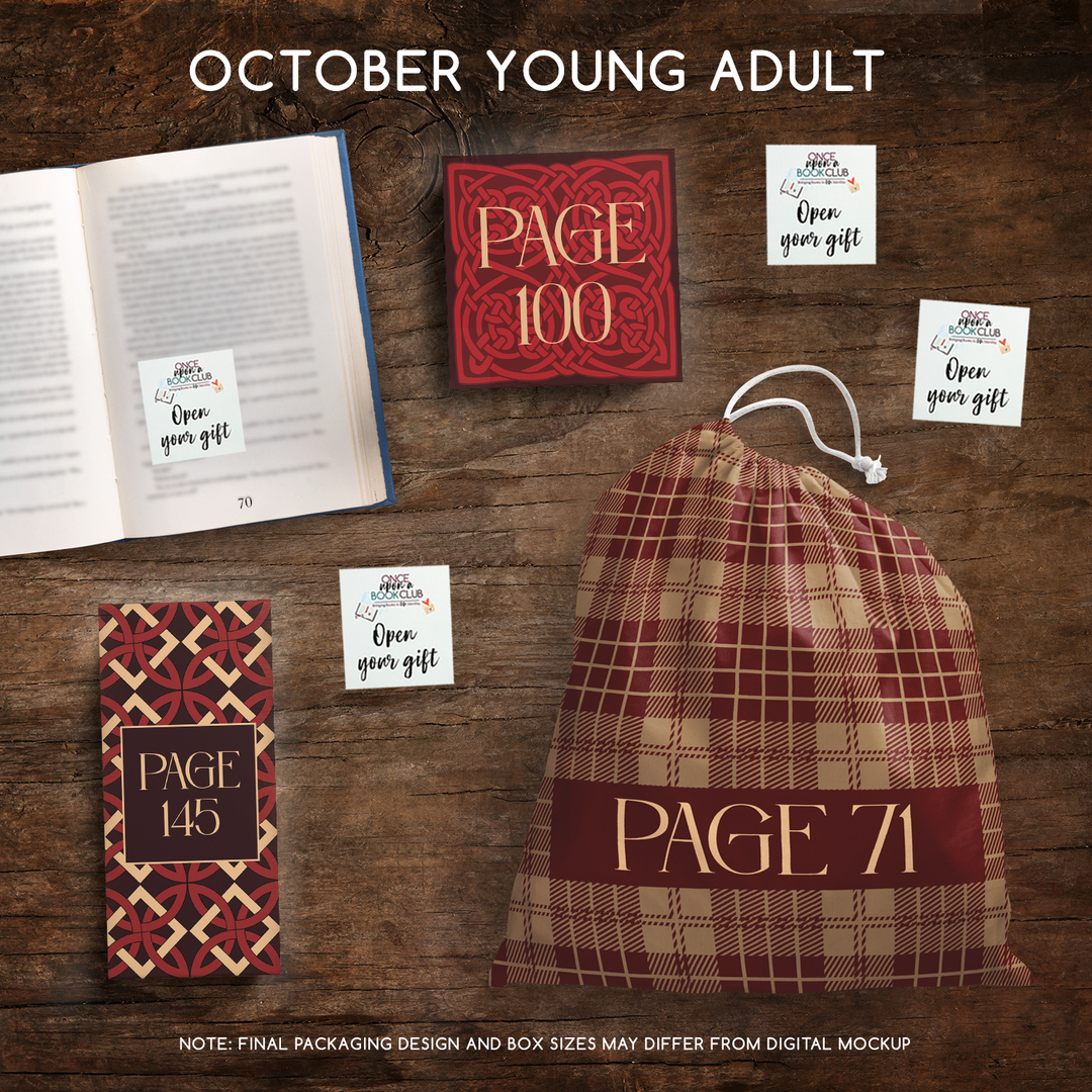 October Young Adult Once Upon a Book Club gifts are designed in aesthetic packaging colors and patterns to match the book cover/theme of the novel. Each gift is labeled with a page number, signifying when the gift is described within the story.