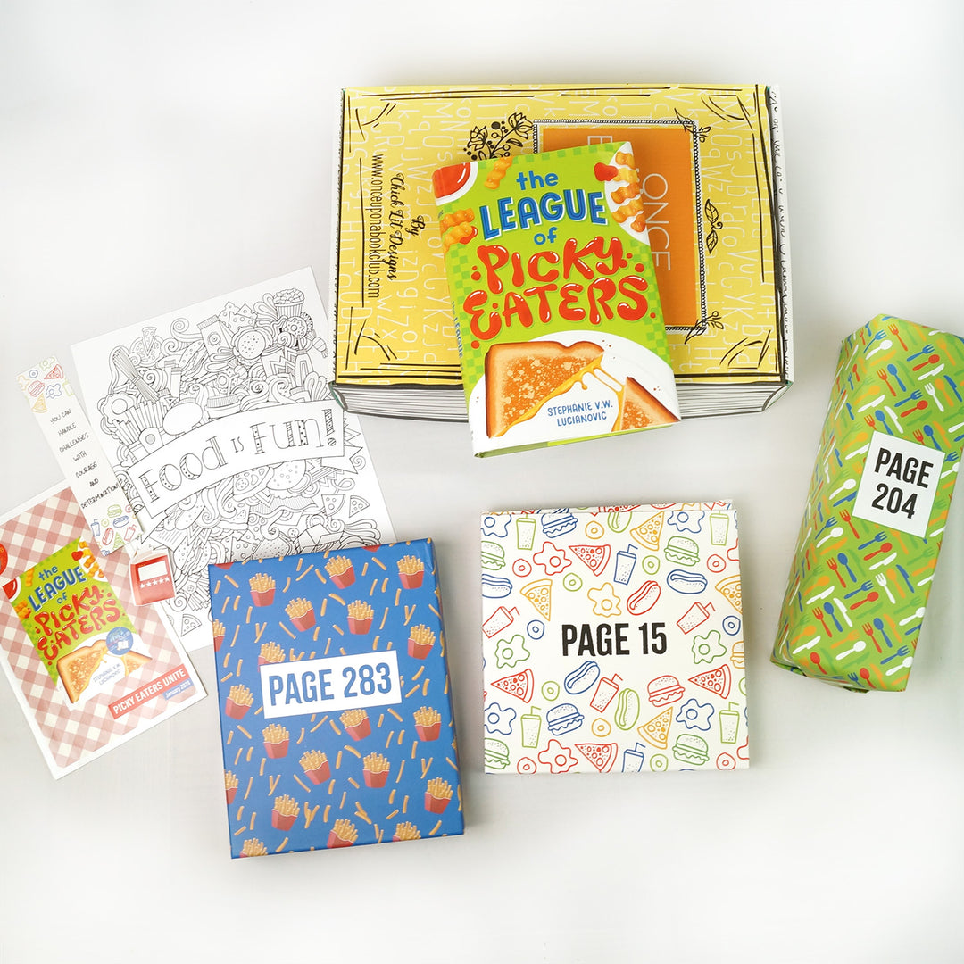 A yellow box on a white background. On top of the box is a hardcover edition of "The League of Picky Eaters". Surrounding the book and box are 3 wrapped boxes labeled with page numbers to open as you read the book. Also included is a coloring sheet, sticker, bookmark, and informational flyer.