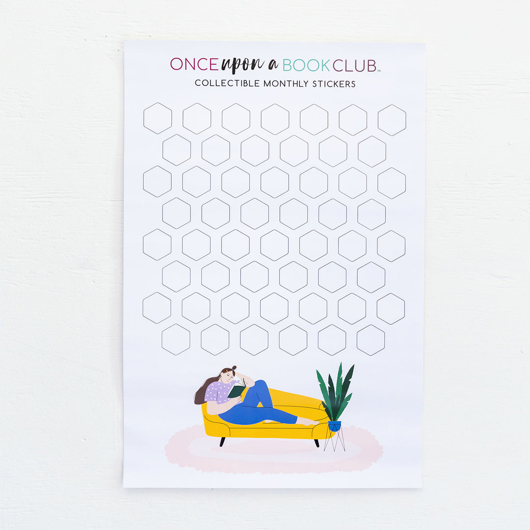 Once Upon a Book Club collectible sticker poster with hexagon slots and a cozy reading illustration.