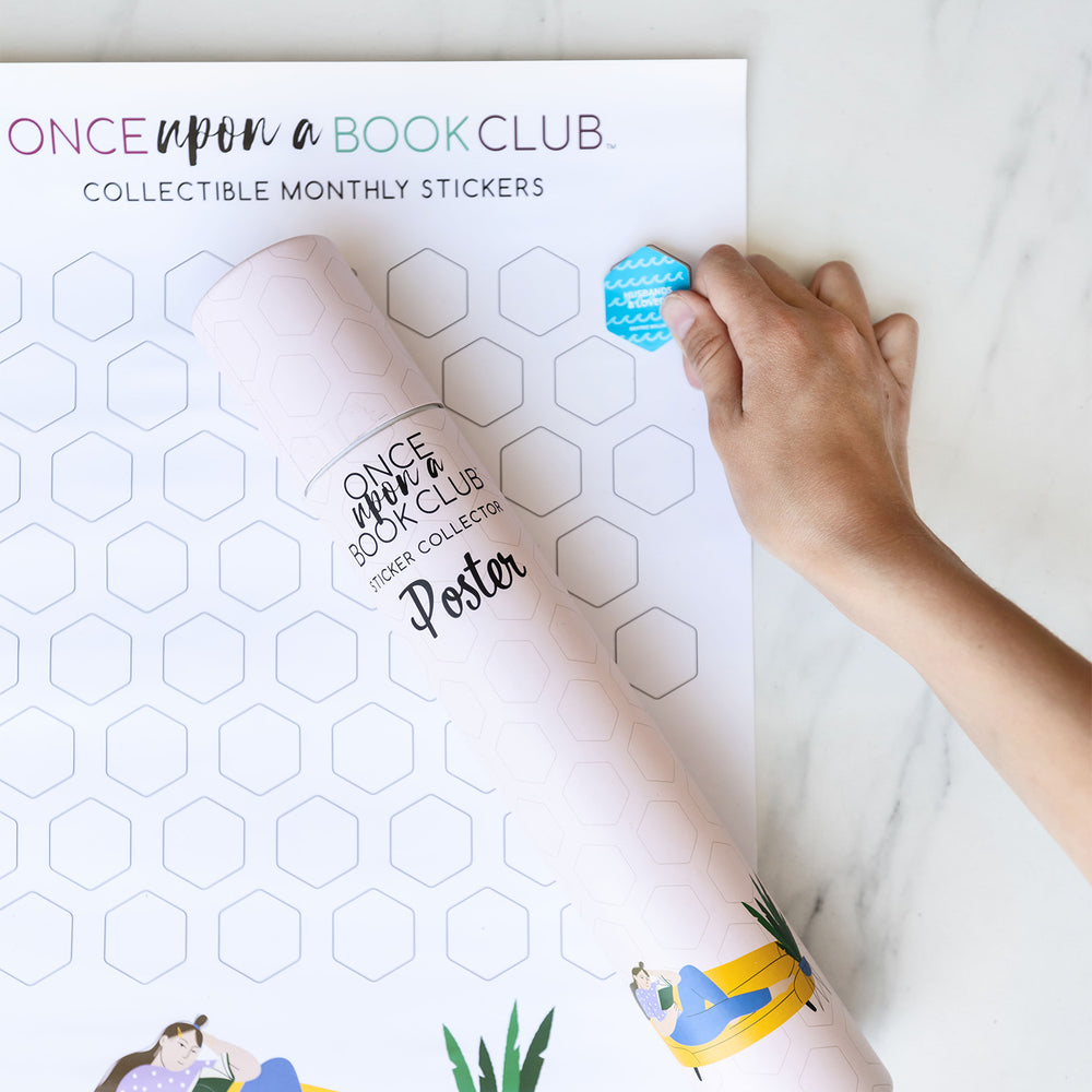 Sticker collector poster with a hand placing a "Once Upon a Book Club" monthly sticker on it.