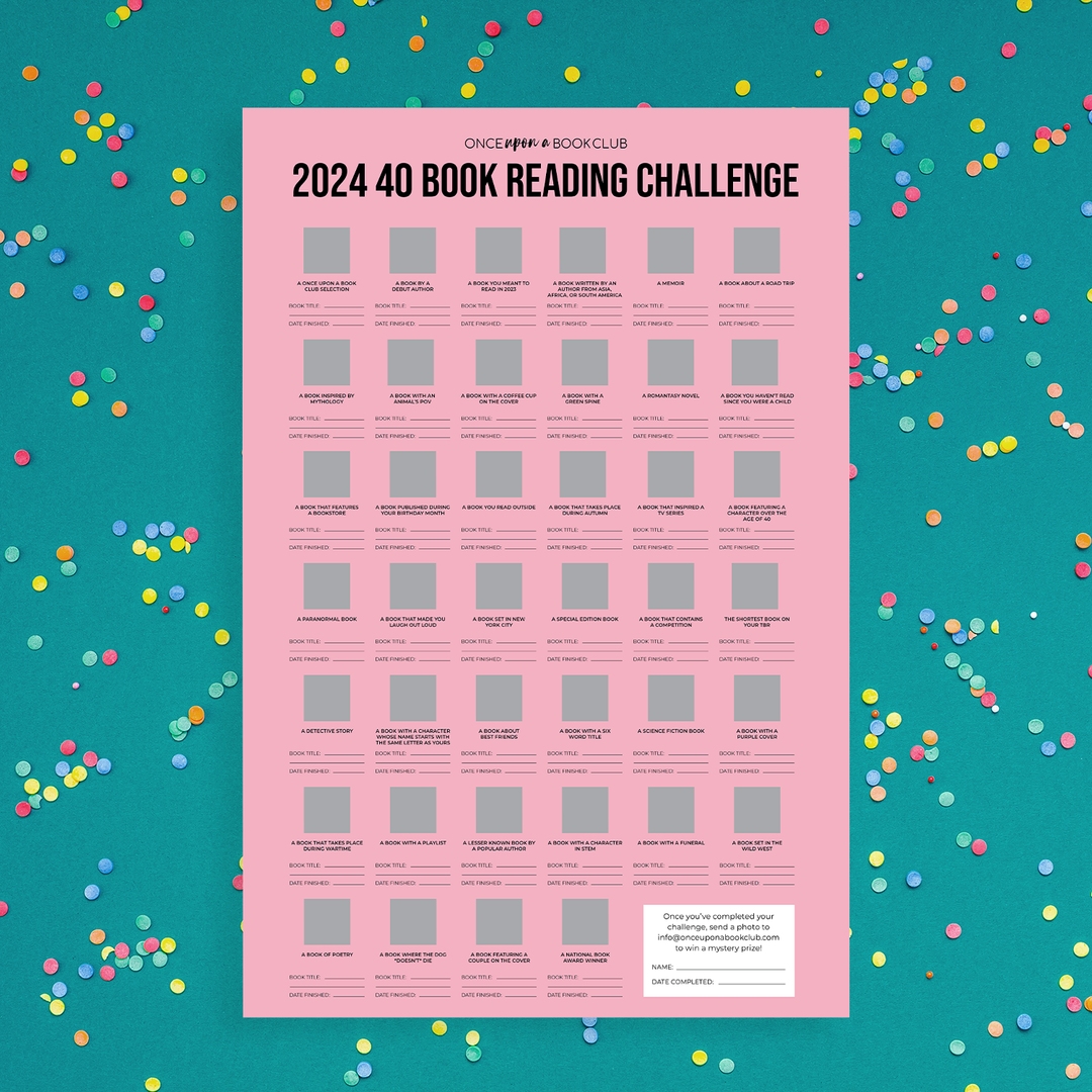 a pink 2024, 40 Books Reading Challenge Poster on a teal background with multicolored sprinkles around it