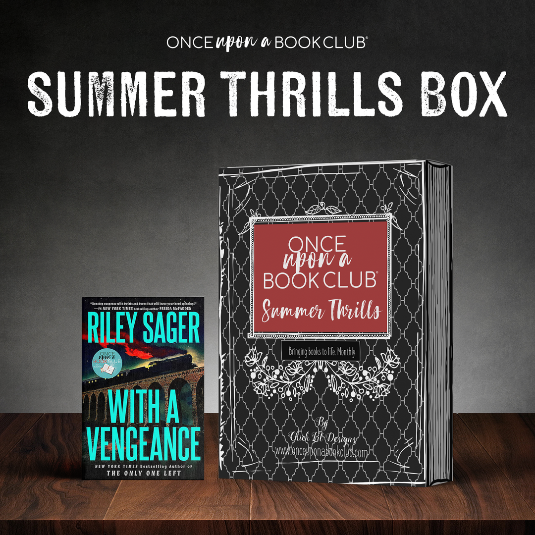 Summer Thrills Box featuring With A Vengeance by Riley Sager. The book stands next to a black and red exclusive book-shaped box.