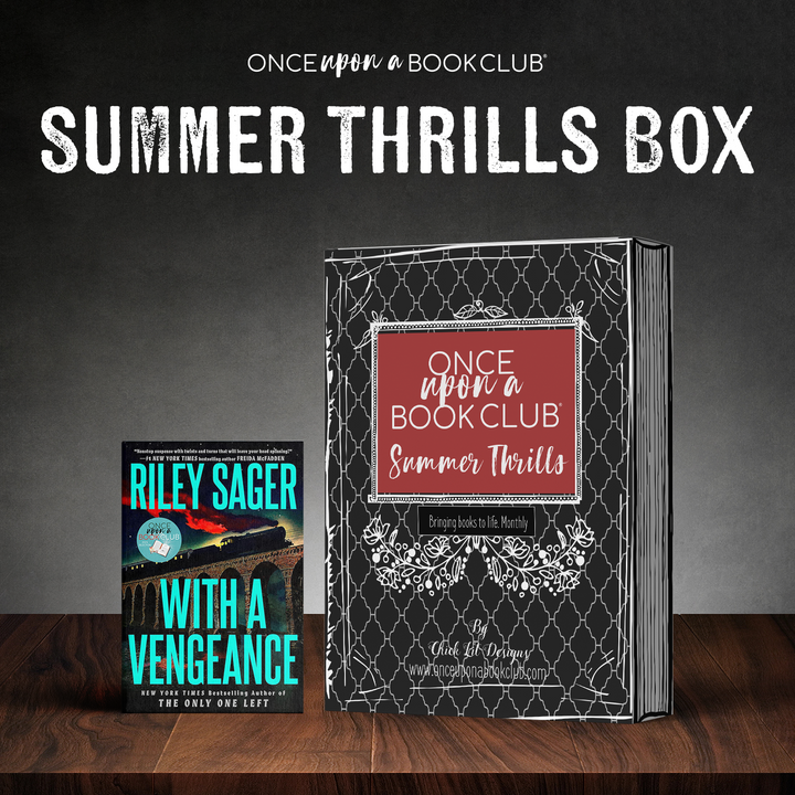 Summer Thrills Box featuring With A Vengeance by Riley Sager. The book stands next to a black and red exclusive book-shaped box.