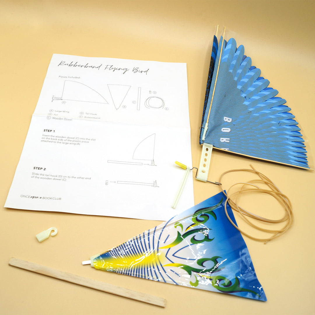 a rubberband flying bird is in multiple pieces next to a white piece of paper labeled "Rubberband Flying Bird"
