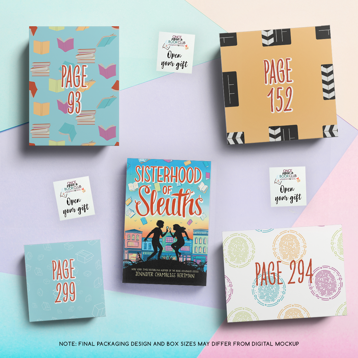 September Tween Book Club mockup with page-numbered gifts and vibrant, themed packaging designs.