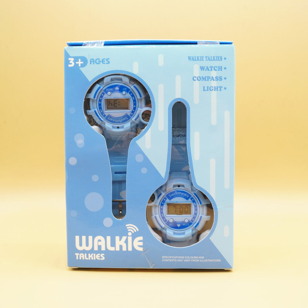 A set of two walkie talkie watches inside their box. Acts as both a walkie talkie, watch, compass, and light.