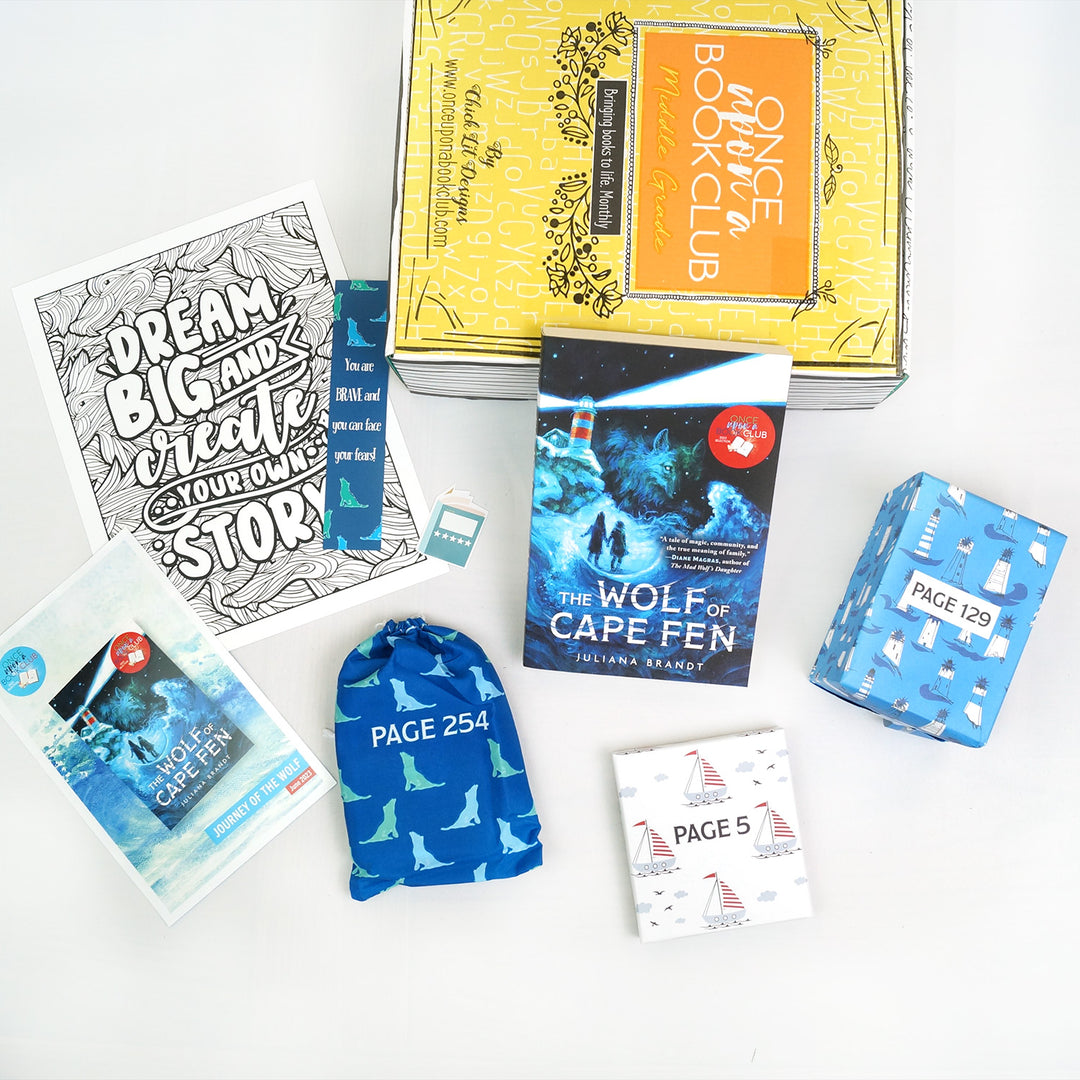 A paperback edition of The Wolf of Cape Fen leans against a yellow box. In front are a book flyer, coloring page, bookmark, book-shaped sticker, blue drawstring bag, white square box, and blue box. The boxes and bags all have page numbers.