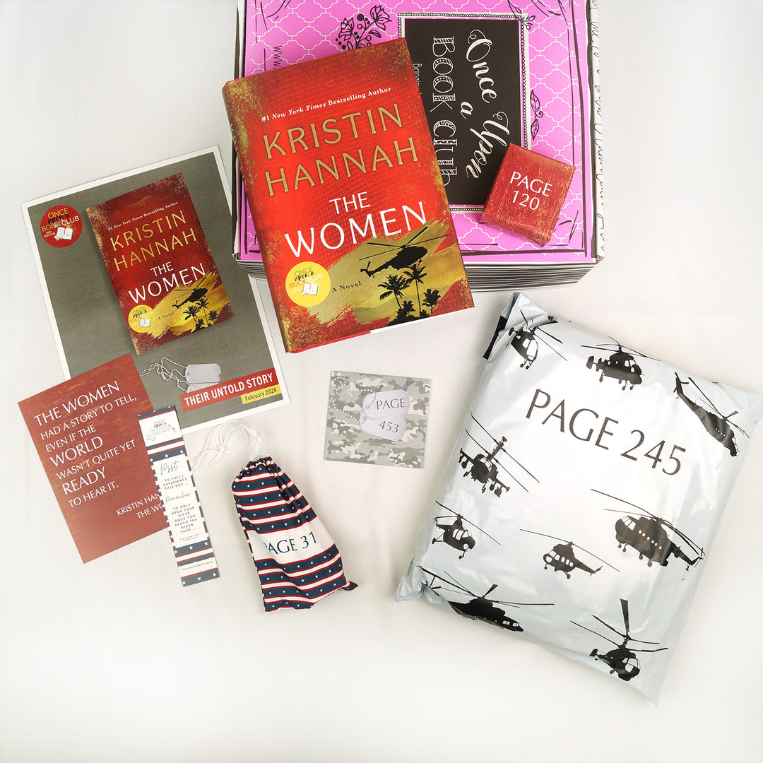 A hardcover copy of The Women by Kristin Hannah sits on top of a pink Once Upon a Book Club Adult box. Surrounding this are four wrapped gifts labeled with page numbers, a bookmark, quote print, and book club kit.