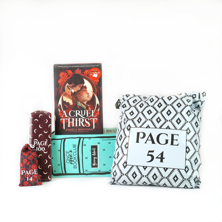 A hardcover edition of A Cruel Thirst stands on a green OUABC box. In front of the box are three themed wrapped gifts labeled with page numbers.