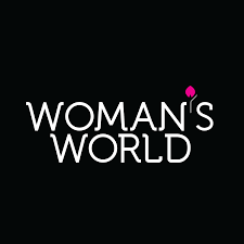 Featured in Women's World. Logo is a black square with white text and a pink flower in place of the apostrophe in women's.